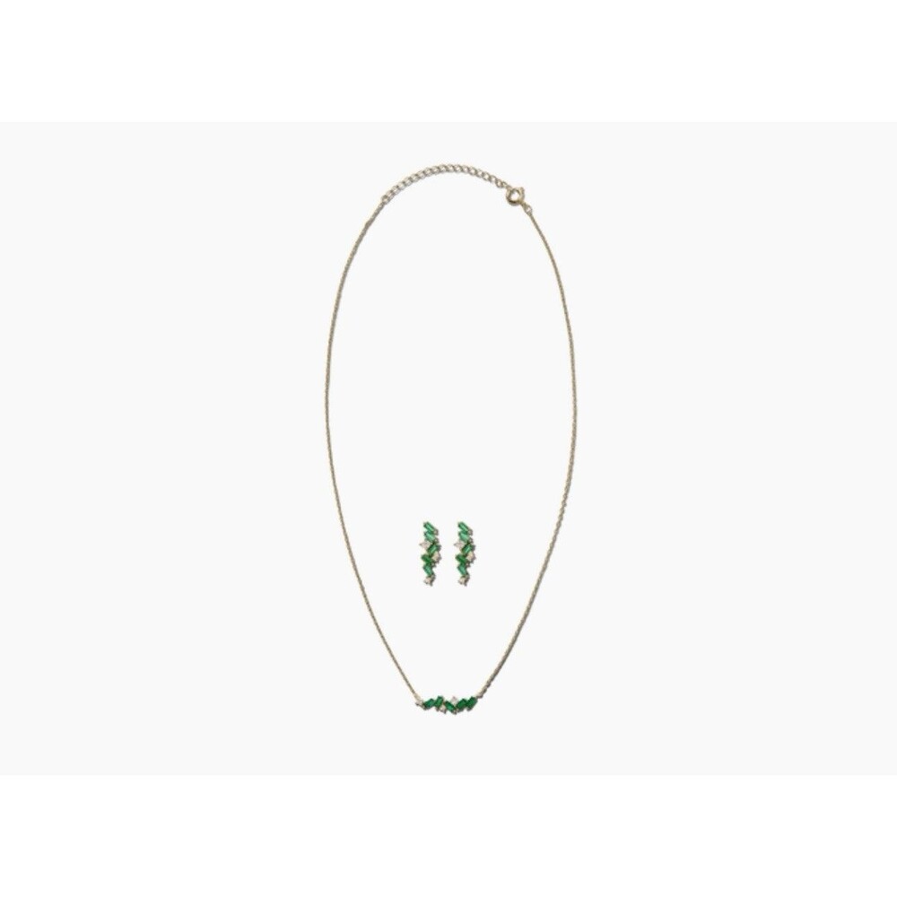 Adina Eden Emerald Green CZ Baguette Earrings & Necklace Combo Set. Goldtone.